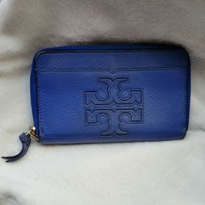 Tory Burch Royal Blue Logo Zip Wallet
